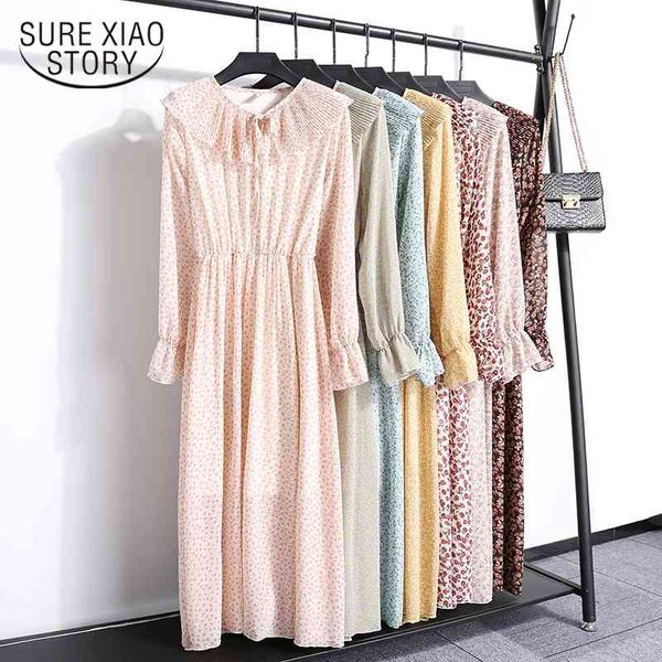 

spring and autumn women dress fashion long flare sleeve o collar floral print chiffon pleated dresses vestidos 8535 50 210417, Black;gray