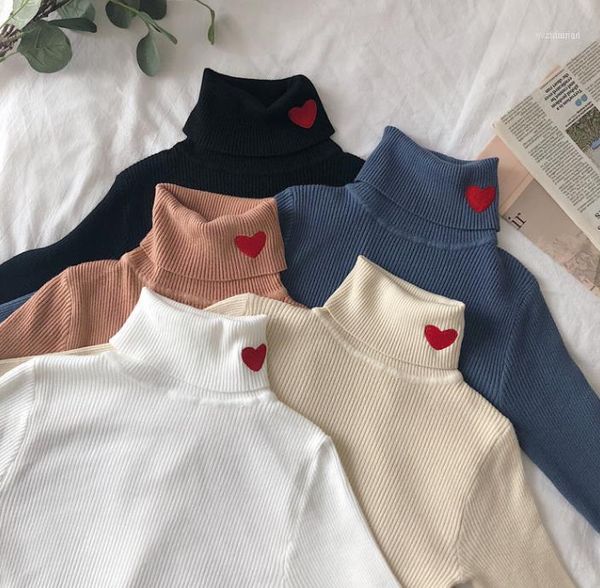 

women's sweaters winter korean women sweater heart embroidery turtleneck long sleeves knitted pullovers female elastic 1, White;black