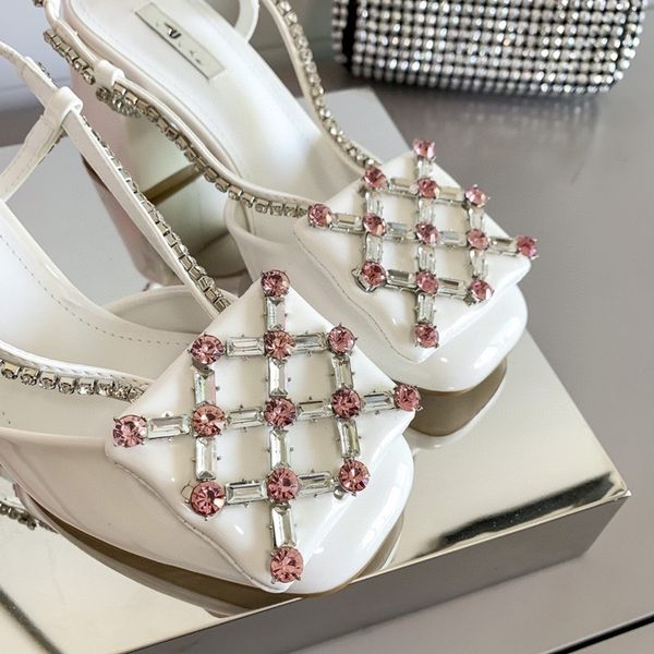 

omg is so beautiful, new miu's silver diamond high-heeled sandals women's one line belt thick heeled high-heeled shoes baotou ysj, Black
