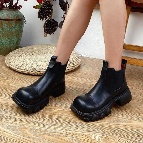 

boots johnature genuine leather shoes women round toe 2021 autumn winter concise sewing handmade comfortable platform, Black
