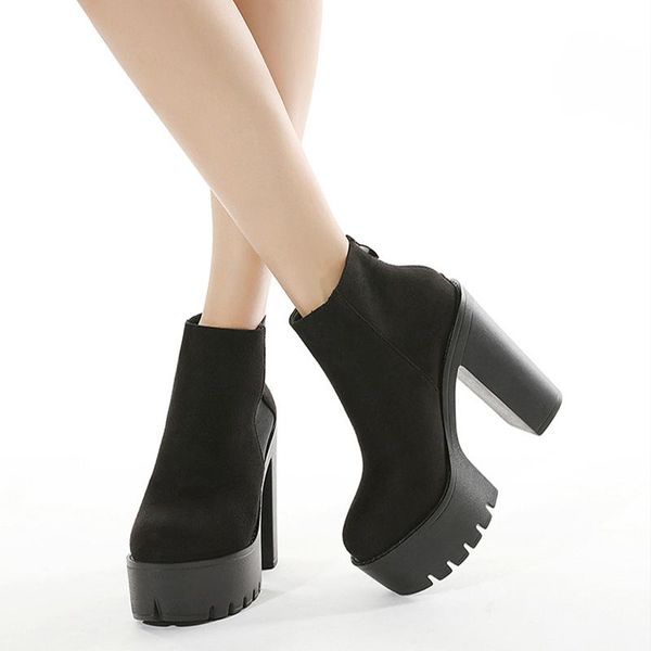 

boots women flock platform ankle 2021 woman gothic zipper pumps ladies punk high heels women's non slip female shoes plus size, Black