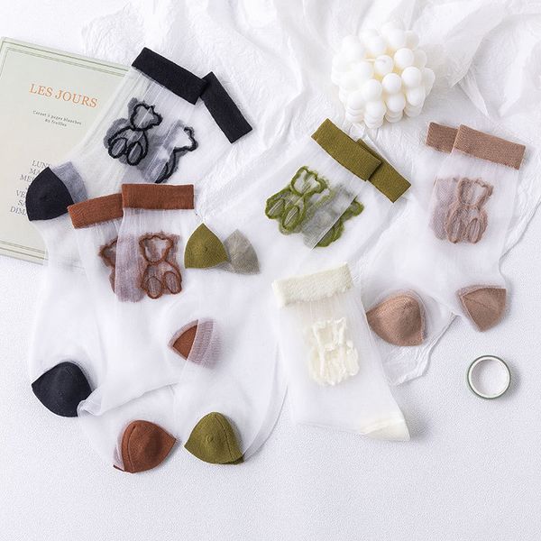 

summer glass thin sweet children' breathable lolita women' tube transparent bear card stockings, Red;black