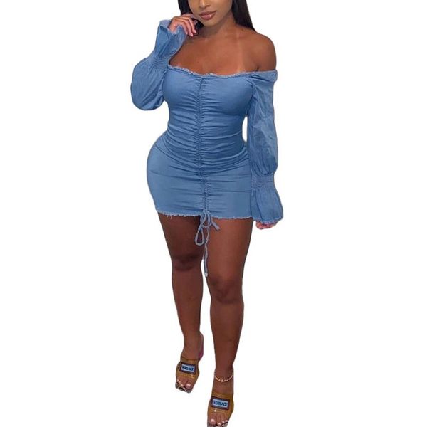 

casual dresses kayotuas women pencil dress office ladies off-the-shoulder pleated bandage bodycon mini party lace-up blue denim sundress, Black;gray
