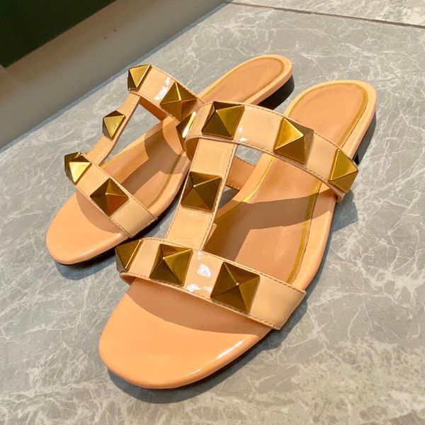 

70% off wholesale flip-flops summer luxury branded rivet belt flat woman's slippers fashion genuine leather round peep toe outer wear s, Black