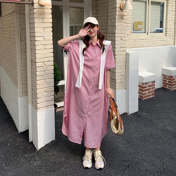 

plus size dresses big summer women fashion elegant striped ladies female large short sleeve long cotton loose dress + scarf set, Black