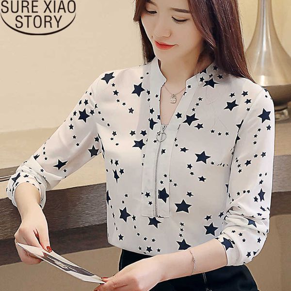 

blusas mujer de moda womens and blouses long-sleeved v-neck women's shirt geometric casual chiffon blouse 2216 50 210527, White