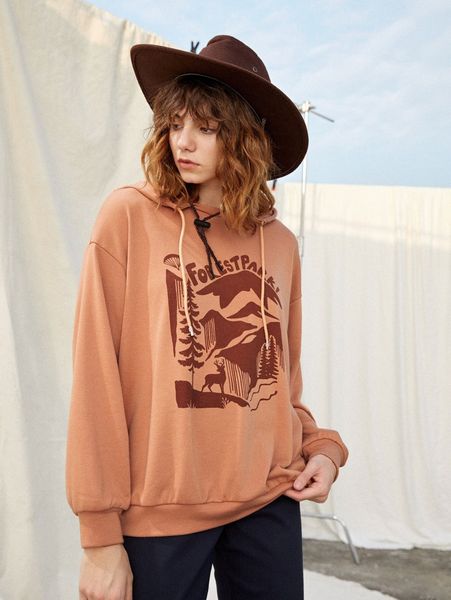 

mountain and letter graphic drop shoulder drawstring hoodie d6sc#, White;black