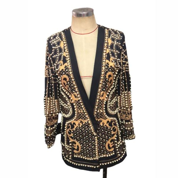 

spring autumn long sleeve beaded print v-neck vintage blazer suit ladies overcoats retro chic female coats geometric jacket women's jac, Black;brown