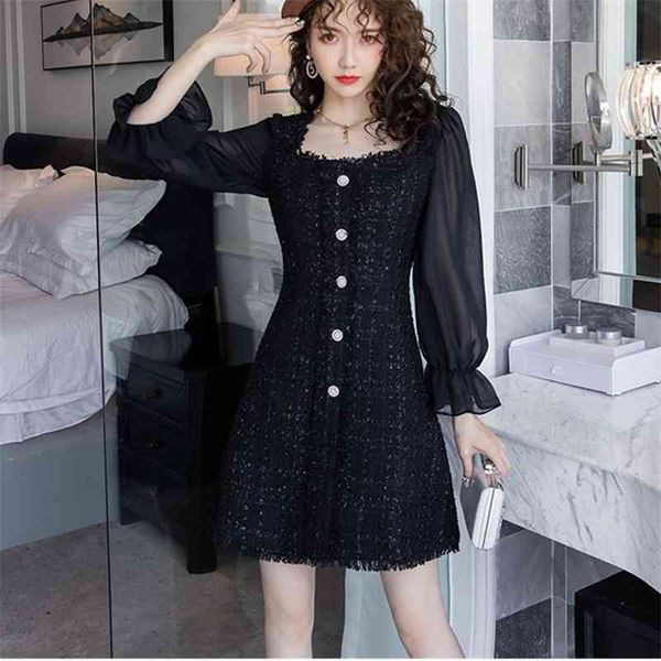 

vintage elegant woman tweed wool dress chiffon patchwork puff sleeve high waist square collar a line tassel dresses 210520, Black;gray