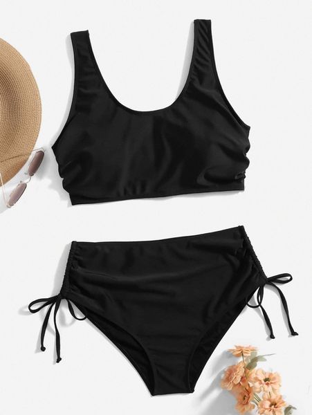 

plus solid tie side bikini swimsuit n6zf#, Black
