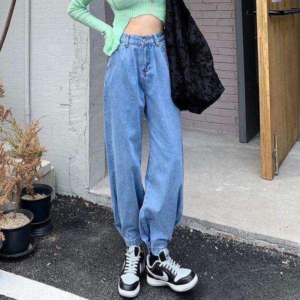 

women's jeans autumn high waist straight harem women elastic back large size loose wide leg banana pants ankle-length, Blue