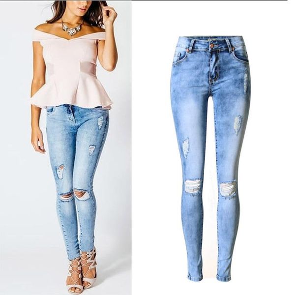 

fashion washed style skinny tight pencil stretch denim womens jeans women's, Blue