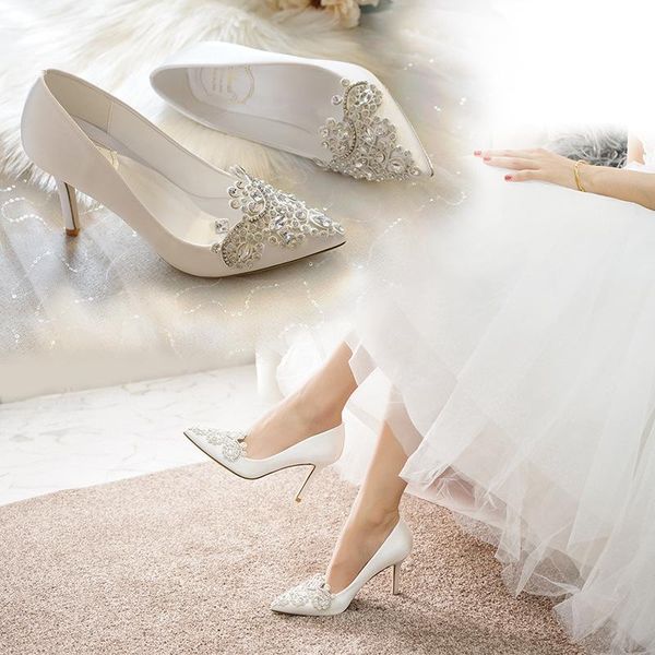 

dress shoes women's high heels single selling pointed rhinestone satin banquet bride fashion versatile simple women, Black