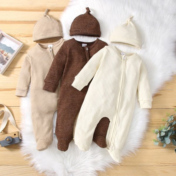

cute newborn baby ribbed footies romper winter warm infant baby long sleeve zipper footed jumpsuit+knotted cap 2pcs clothes, Blue