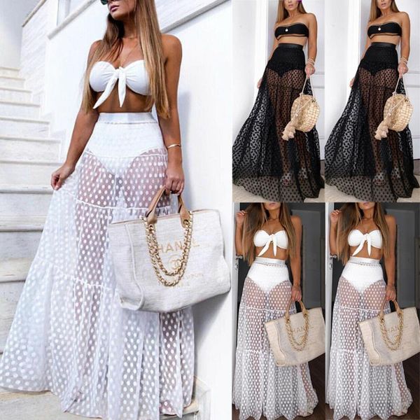 

skirts women summer beach sundress boho maxi high waist sheer skirt retro polka dot long club party, Black