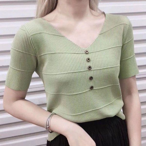 

women's sweaters autumn winter women slim sweater ladies short-sleeve pullover solid color v-neck button knit top, White;black