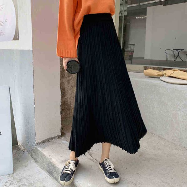 

skirts skirts autumn winter long women high waist soft warm pleated skirt knitted maxi female sweater nth6, Black