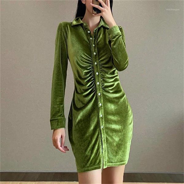 

women solid color skinny dress long sleeve lapel pleated close-fitting one-piece mini for spring and autumn casual dresses, Black;gray