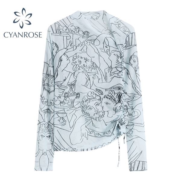 

streetwear transparent mesh tees women summer long sleeve asymmetric collar ruched art print egirl grunge clothes 210515, White