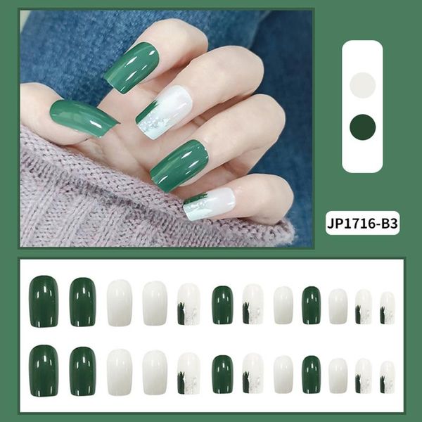 

false nails 24pcs fake green and white silver powder designs long paragraph fashion manicure patch accessories sticker, Red;gold