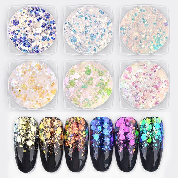 1 scatola Aurora Nail Paillettes Ultra-sottile Sirena Esagonale Fiocchi Fetta Misto Glitter Polveri 3d Scintillante Decorazioni per unghie