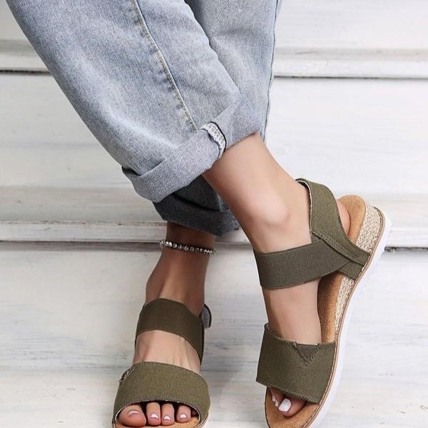 

sandals summer women's shoes hook and loop elastic band ankle strap slope heel platform casual 2021 simple, Black