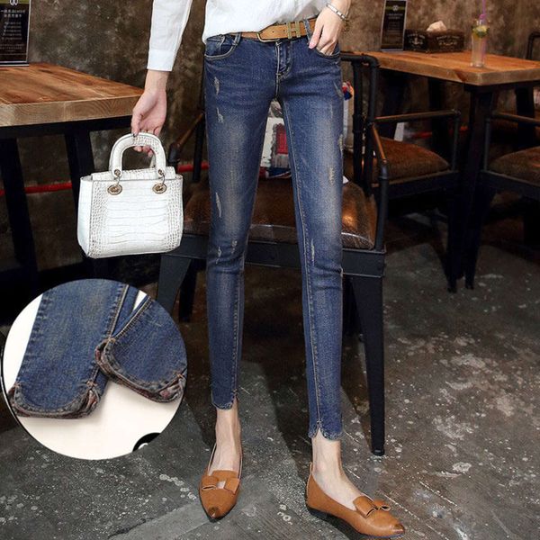 

nine point split women's spring and autumn elastic leggings slim pencil pants, Blue