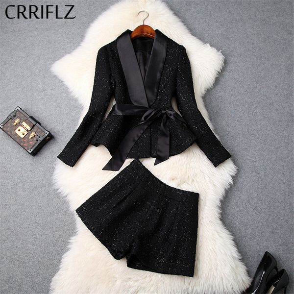 

winter spring women set full sleeve shawl collar ruffles hem short pants 2 piece fashion tweed black patry pant 210520, White