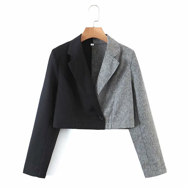 

women elegant splicing long sleeve one button and hidden buttonslim check coat office work short suit jacket outerwear 210520, White;black