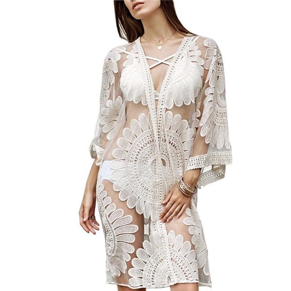 

flower women summer dress beach crochet long hollow out see-through cover-ups sun protection cardigan elegant cover up women's swimwear, White;black