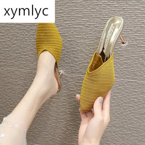 

stiletto heels knitted slippers women summer shoes fashion beige elastic mesh mules female, Black