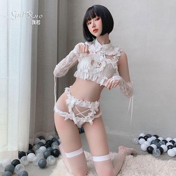 

Underwear Women's Sexy Guiruo Backless Temptation Role Play Maid Uniform Set 745, White;black