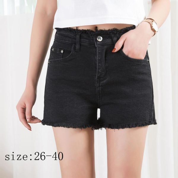 

women's shorts summer black denim edge high waist elastic fat women stretch thin, White;black