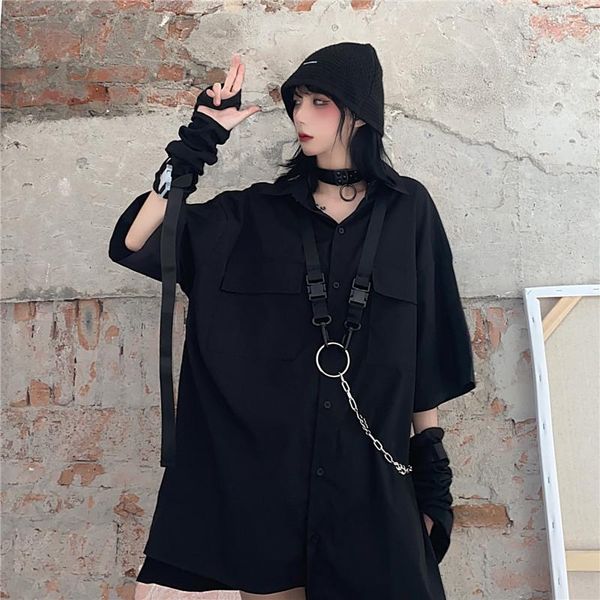

women's blouses & shirts gothgotik gothic harajuku street safari style bf black white short sleeve shirt chain women button up summer