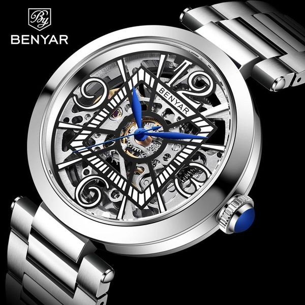 

wristwatches benyar classic luxury men's automatic watch brand stainless steel waterproof mechanical sports casual for men, Slivery;brown