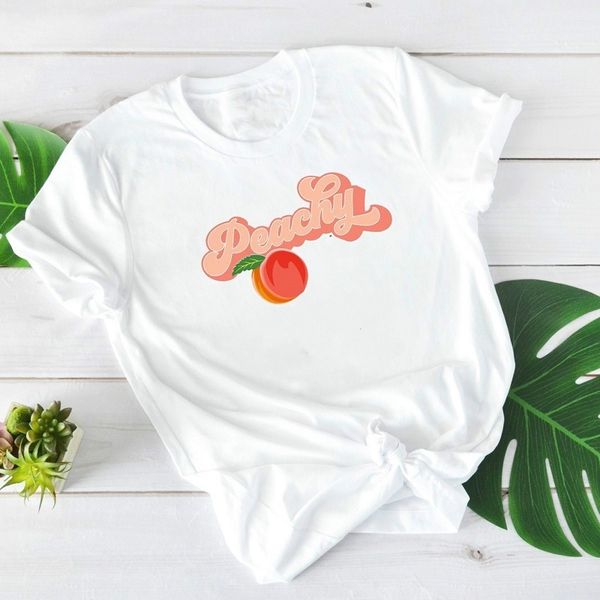 Peachy pêssegos gráfico tee japonês kawaii estética bonito mulheres t-shirt 70s moda estilo retro casual tee top 210518