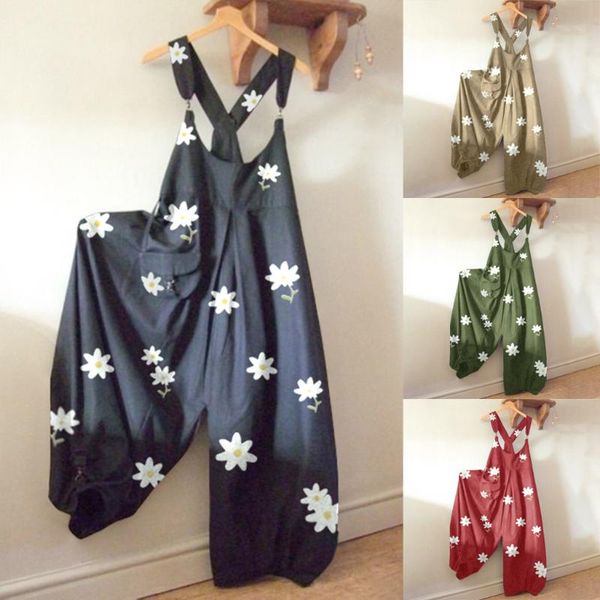 

women's jumpsuits & rompers retro flower print jumpsuit women fashion o-neck pocket playsuit casual long summer loose trousers romper, Black;white