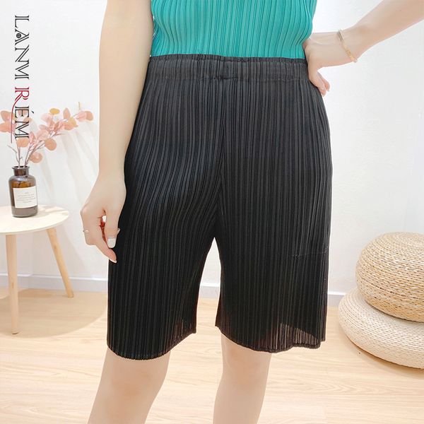 

folded summer pants for women knee length straight famale casual elastic high waist bottom yj749 210507, Black;white