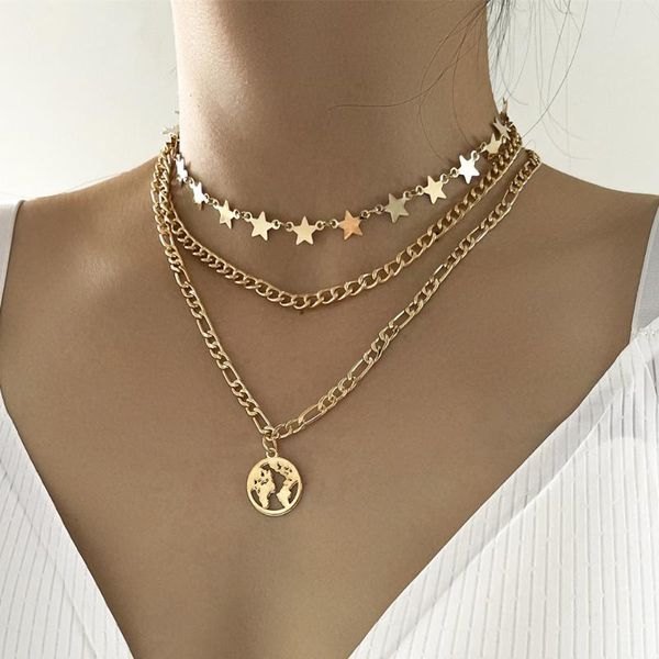 

chokers diezi exaggerated personality gold color chain necklace for women bohemian five-pointed star map ocean pendant jewelry, Golden;silver