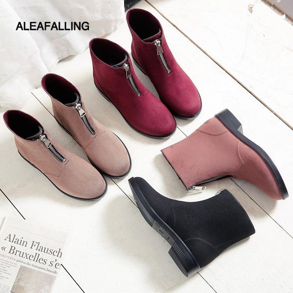 

boots aleafalling spring waterproof warm brand ankle rain zip open flock shoes woman solid rubber flats, Black