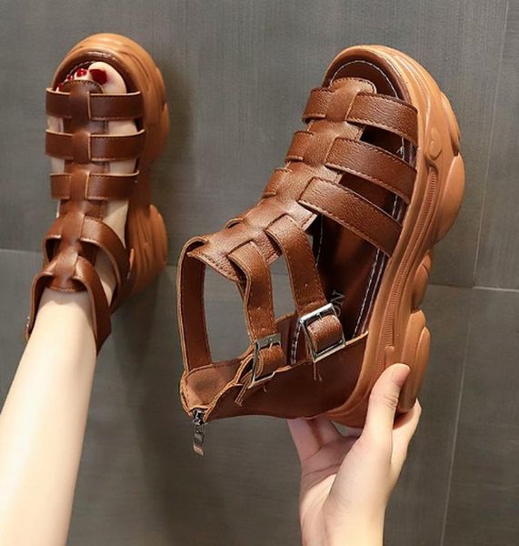 

sandals soft mid heels summer vintage leather shoes woman women plus size gladiator sandalias mujer sapato feminino sf0685, Black