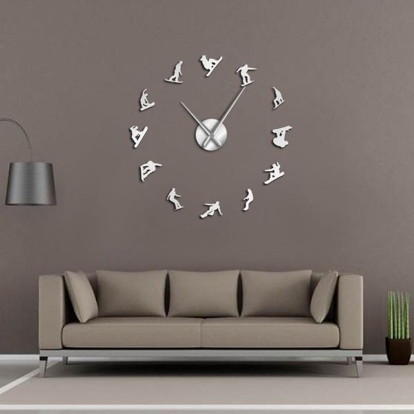 

wall clocks winter sport snowboarding mirror effect art stickers home decor snowboarders different postures frameless large clock watch