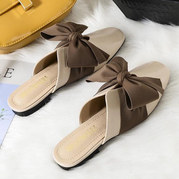 

summer mules shoes woman square toe silk bow slippers flat heel leather sandals women flip flops big size gladiator 260, Black