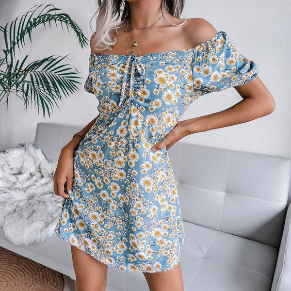 

casual dresses daisy printed women dress pleated strapless short sleeve mini vrouw jurk off shoulder lace-up sukienki letnie, Black;gray