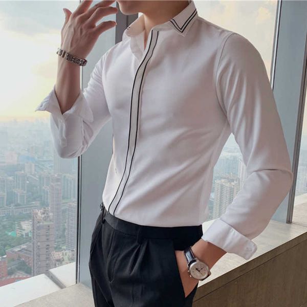 

business formal dress shirts men long sleeeve slim fit casual shirt social streetwear men clothibng black white camisas 210527, White;black