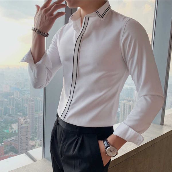 Business Formal Dress Shirts Männer Langarm Slim Fit Freizeithemd Social Streetwear Top Männer Kleidung Schwarz Weiß Camisas 210527