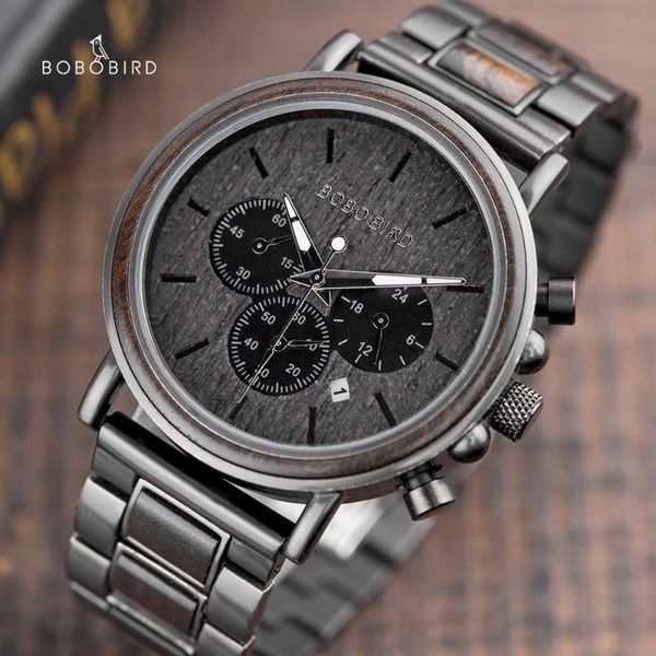 

wristwatches male business watch bobo bird men wooden luminous hand luxury chronograp montre homme with wood box drop, Slivery;brown