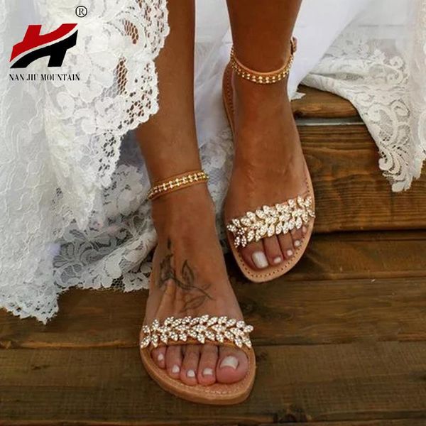 

mountain summer flat sandals women fashion rhinestone open toe buckle wedding party plus size 34-43, Black