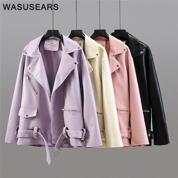 

oversized leather jacket women pink coat 2021 pu faux streetwear with belt pockets autumn loose women's &, Black