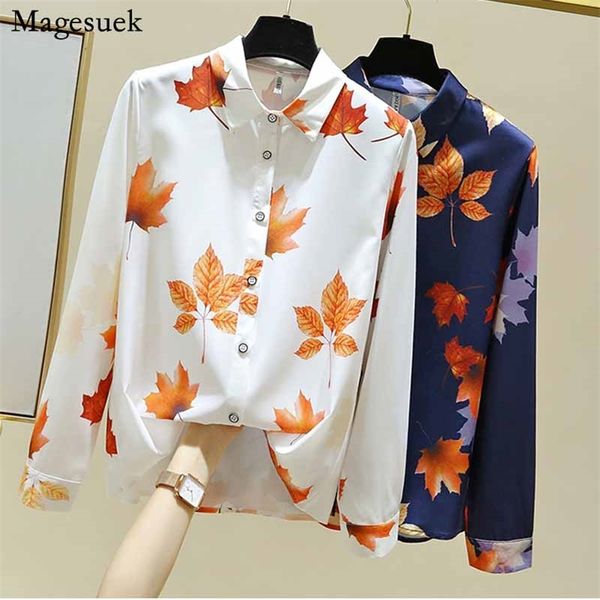 

autumn fashion maple leaf print long sleeve blouse women korean style plus size cardigan chiffon lapel shirts blusas 11514 210518, White
